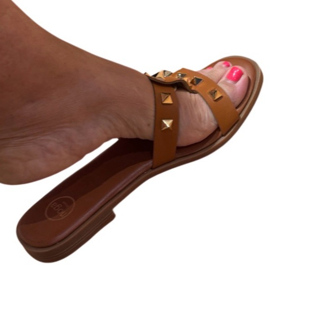 Women's Tan Studded Flat Sandals